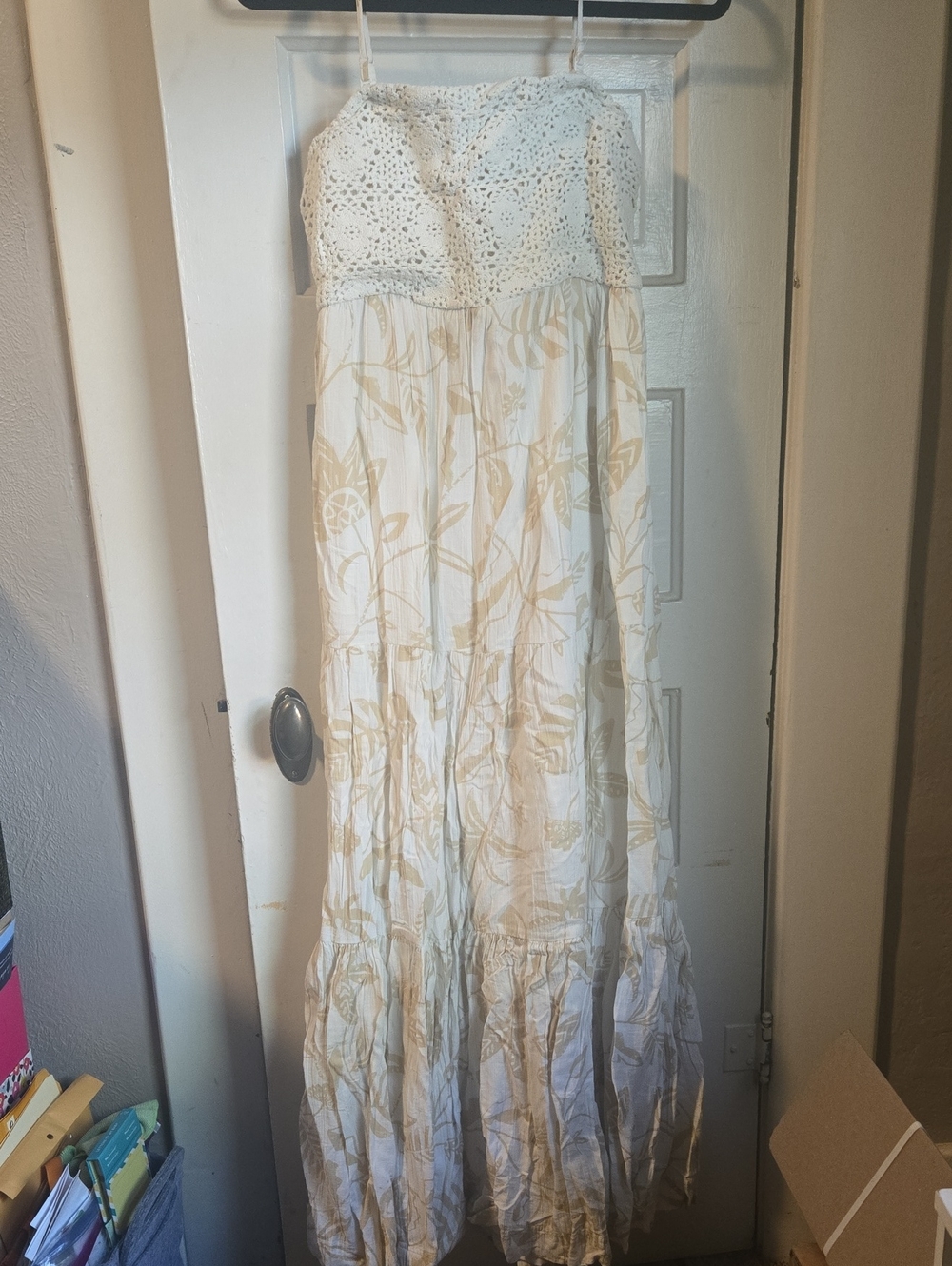 Strapless Crochet-Bodice Maxi Dress in Cream and Tan